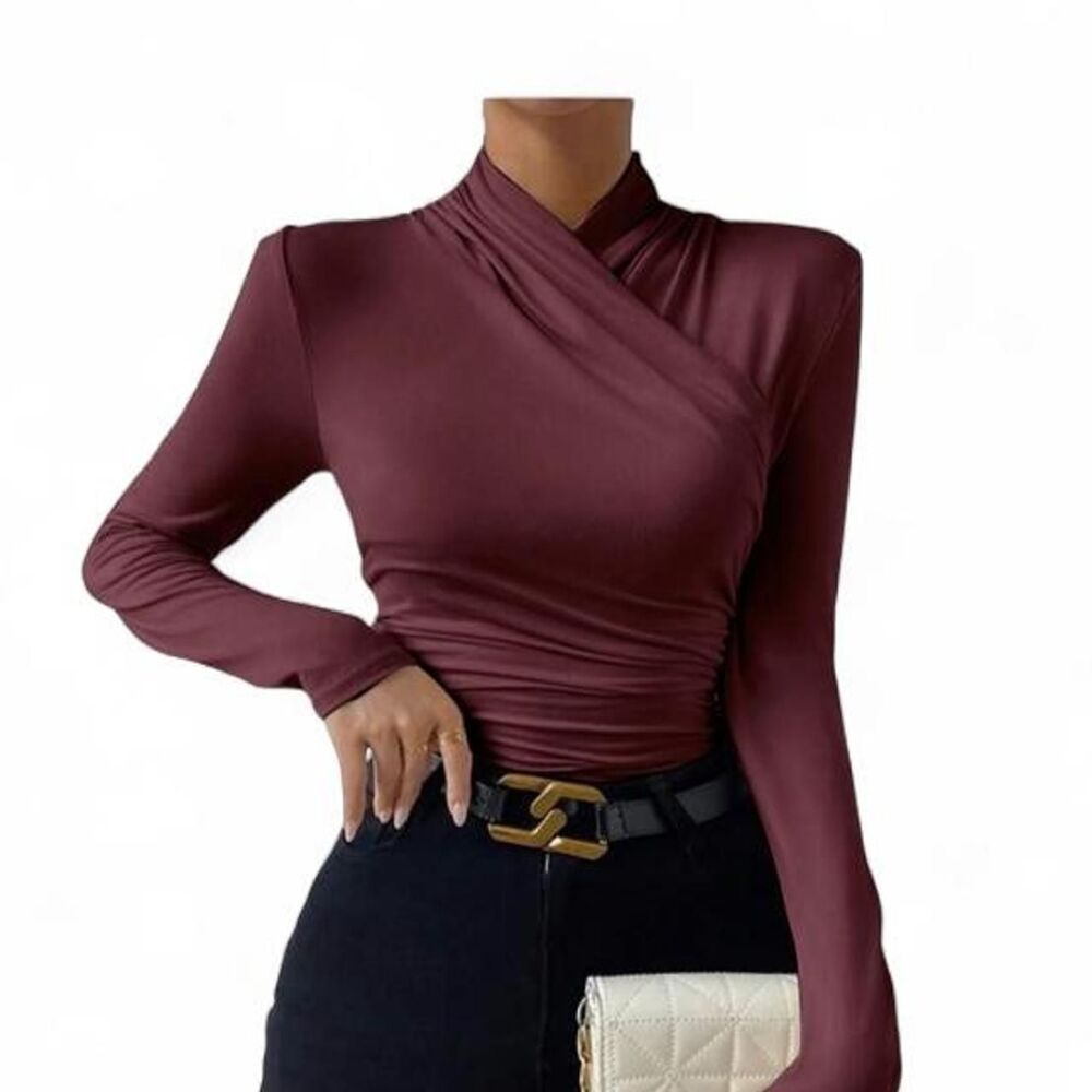Burgundy Ruched Wrap Long Sleeve Top Women's Size Small